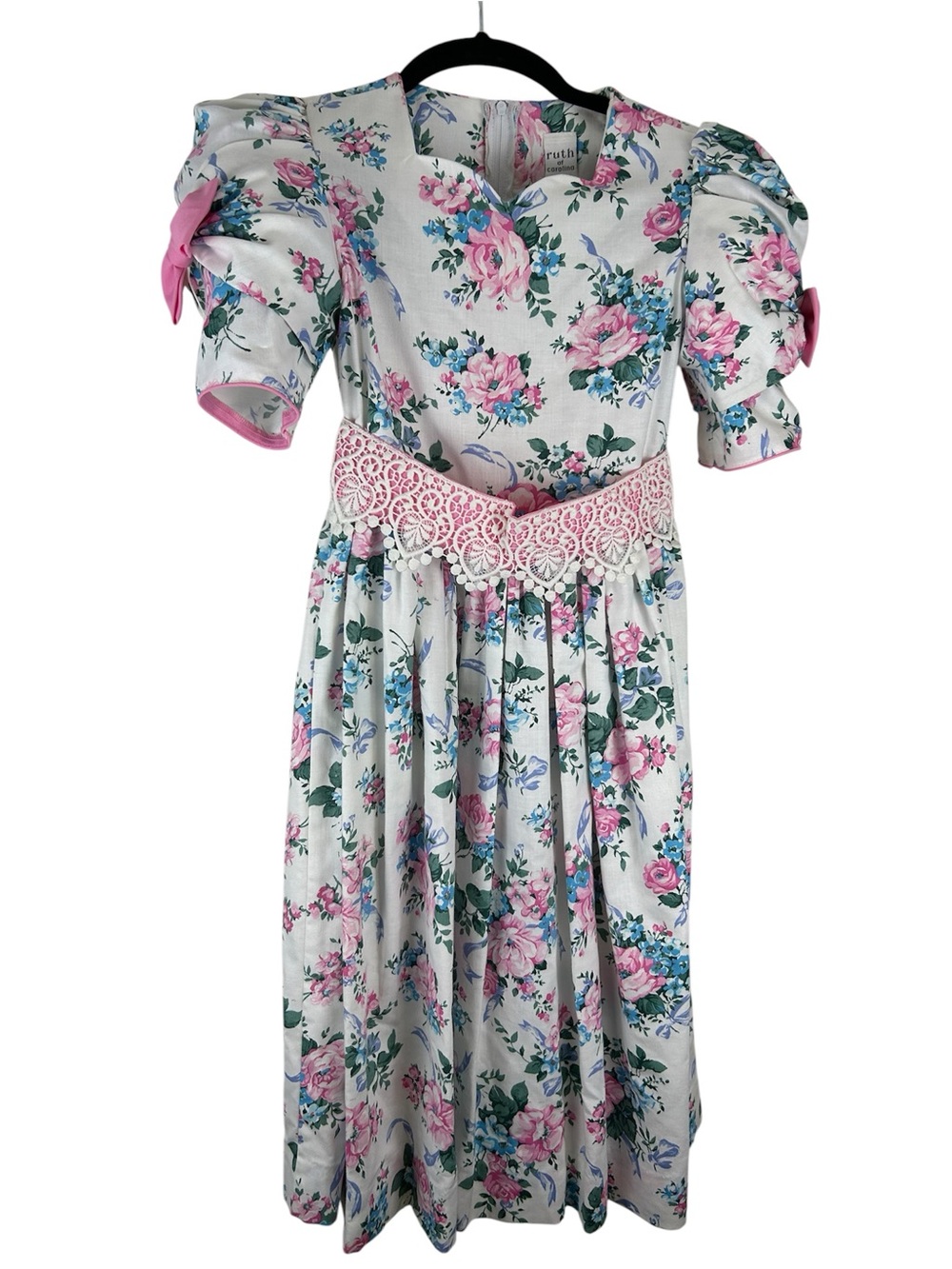 1980s Ruth of Carolina Girls Floral Party Dress Puffy Sleeves Made in USA Size 8